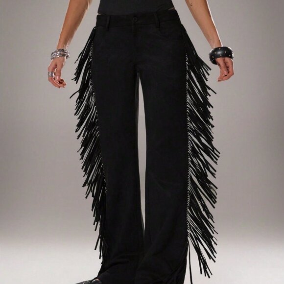 Black Women's Casual Flared Leg Faux Suede Fringe Side Pants - Picture 7 of 7